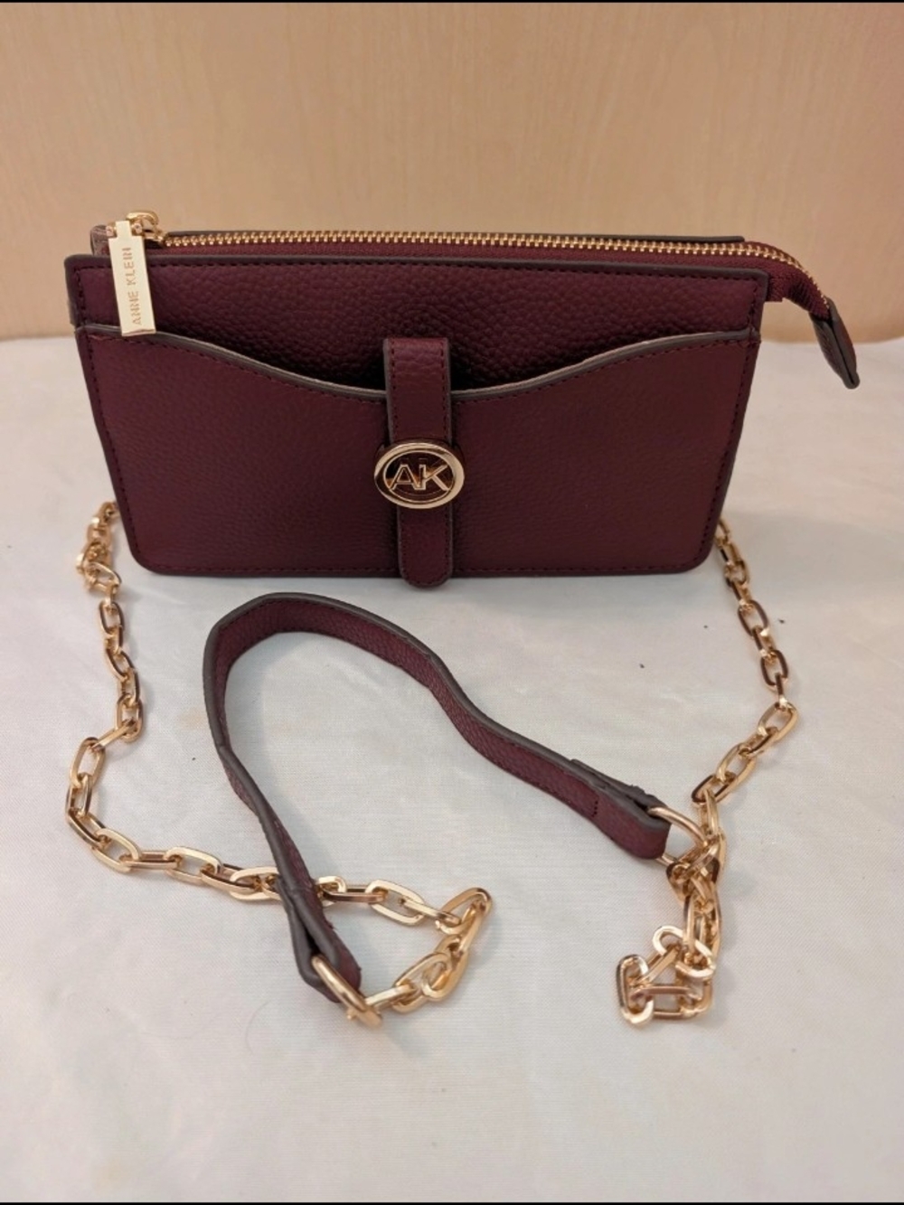 Anne Klein Burgundy Crossbody Wallet with Gold Chain